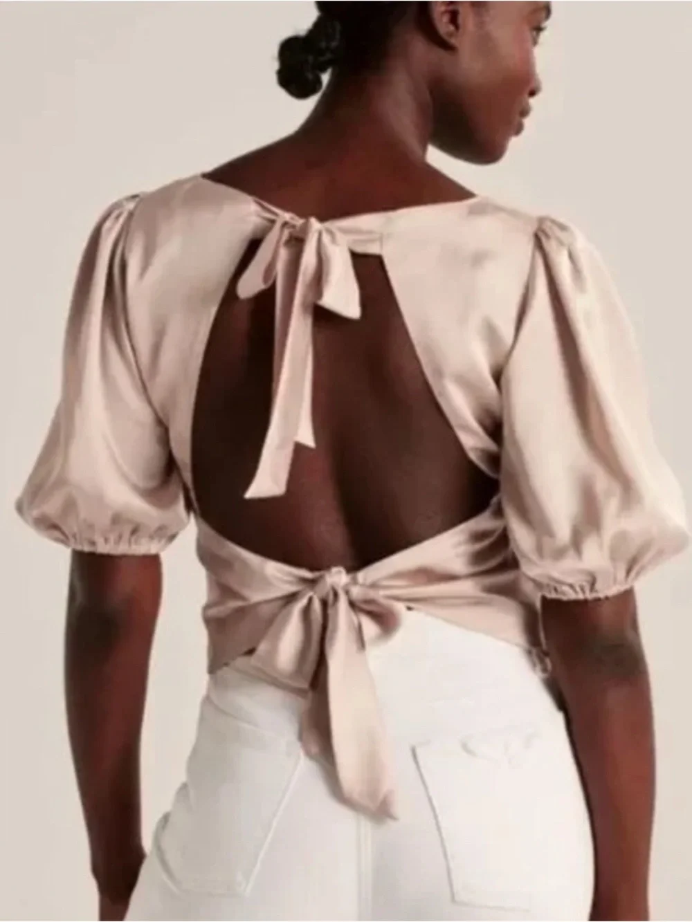 Abercrombie & Fitch Cream V-Neck Puff Sleeve Button-Front Blouse L